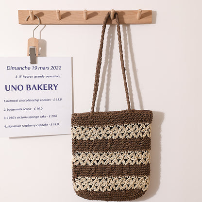 French Hollow Out Cutout Straw Bag Woven Bag One Shoulder Portable Large Capacity Handmade Women Bag Summer Seaside Vacation Beach Bag One Size Rice Character Design Brown
