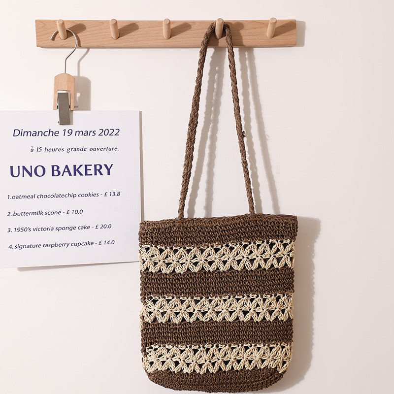 French Hollow Out Cutout Straw Bag Woven Bag One Shoulder Portable Large Capacity Handmade Women Bag Summer Seaside Vacation Beach Bag One Size Rice Character Design Brown