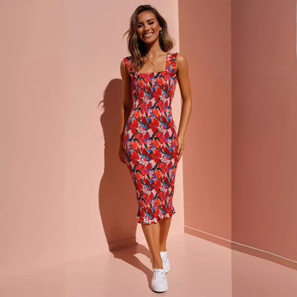 Women Clothing Midi Dress Sexy Vacation Ruffled Pleating Tight Dress