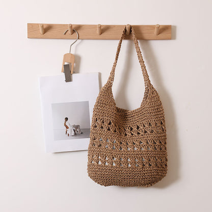Large Capacity Hollow Out Cutout Shoulder Straw Bag Tote Straw Bag Woven Bag Seaside Vacation Beach Bag Women Bag One Size Three Layer Flower Hollow Coffee