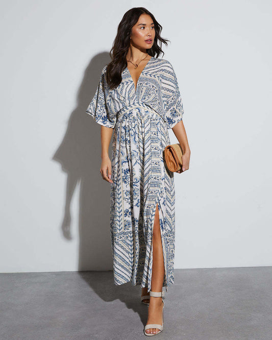 Spring Summer Women Printed Loose Dress Elegant Split Maxi Dress for Women Blue