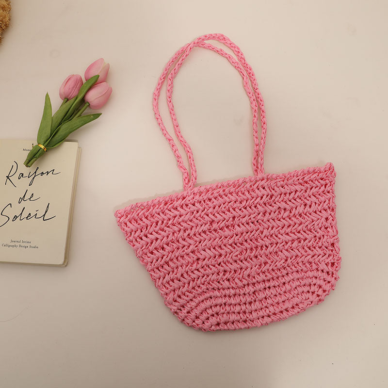 One Shoulder Straw Bag Simple Hollow Out Cutout out Straw Bag Woven Bag Summer Sweet Portable Seaside Vacation Beach Bag Women One Size Pink