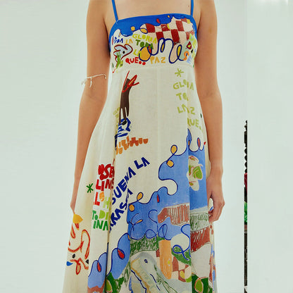 Sexy Sling Graffiti Cotton Linen Printed Large Swing Dress Women