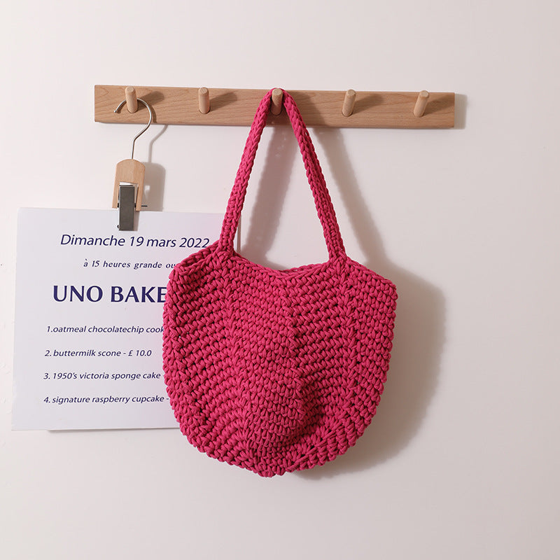 South Korea Vintage Shoulder Cotton Thread Woven Bag Crochet Handbag Straw Bag Vacation Beach Bag One Size Cotton Thread Carambola Rose Red with Magnetic Snap