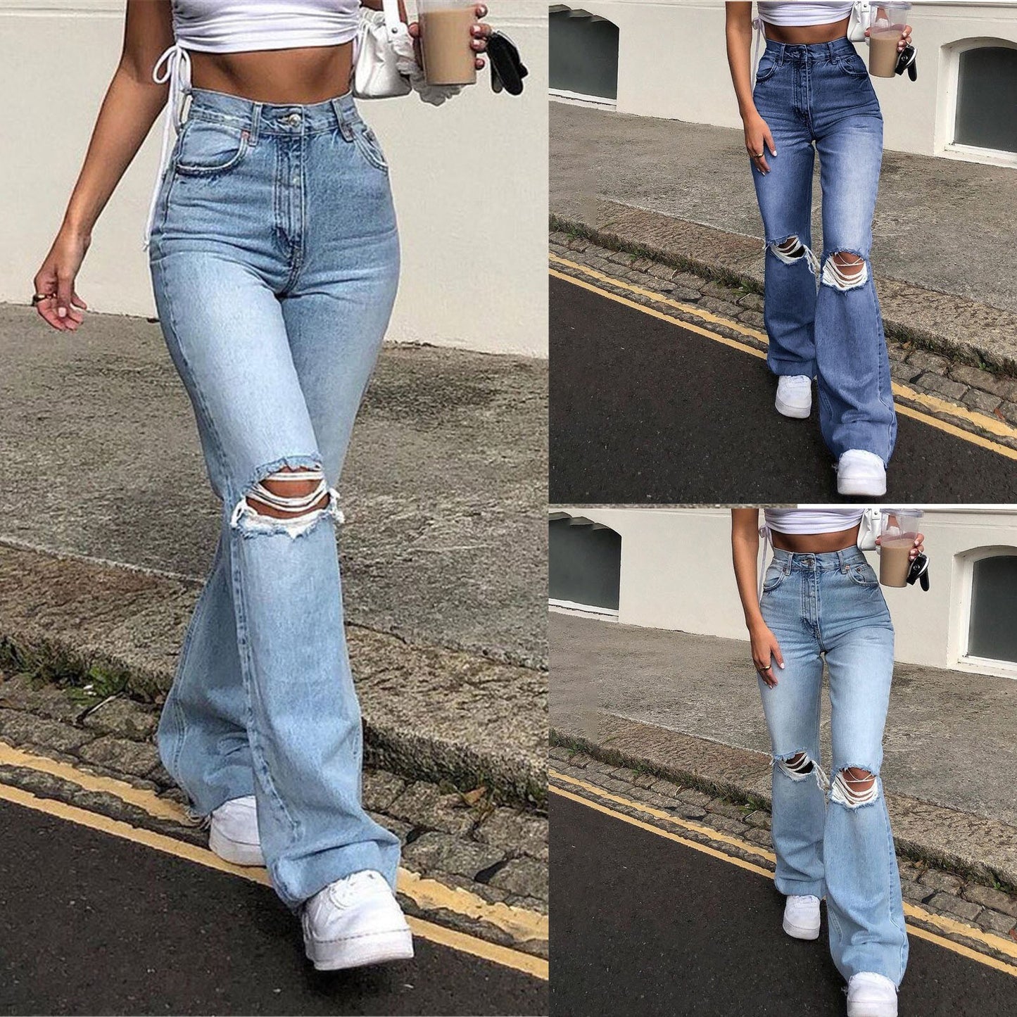 High Waist Retro Stretch Slim Knee Hole Bell Bottom Pants