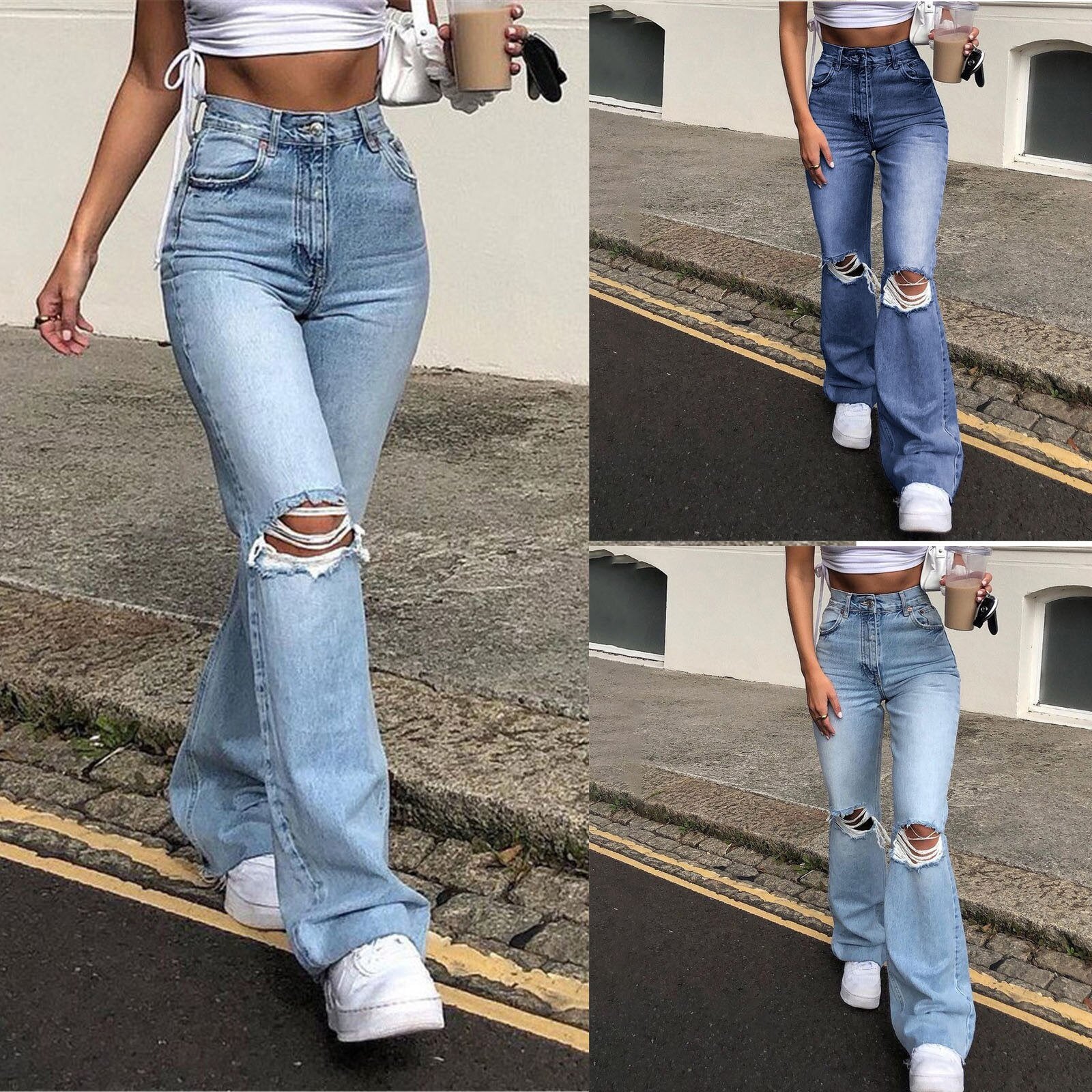 High Waist Retro Stretch Slim Knee Hole Bell Bottom Pants
