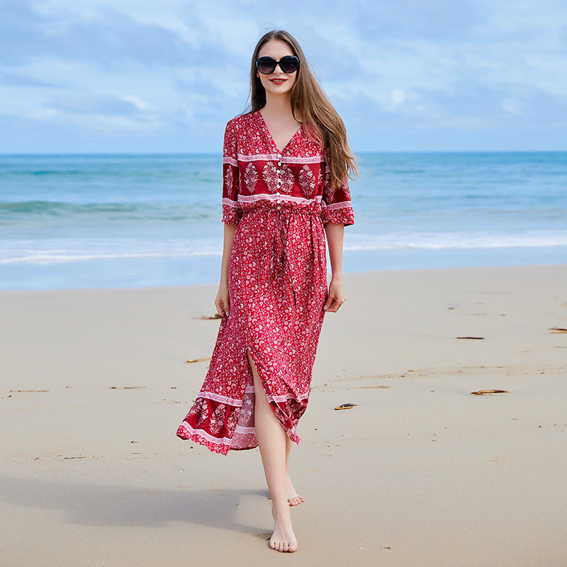 Plus Size Bohemian V neck Seaside Holiday Large Swing Drses Women Floral Breasted Dress Hem Slit Dress Red