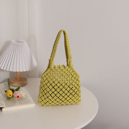 Hollow Out Cutout Cotton Thread Woven Bag Summer Cotton String Women Bag Portable Solid Color Straw Bag Vacation Beach Bag One Size Oblique Small Cotton Thread Yellow