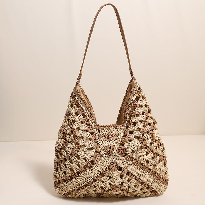 Casual Hollow Out Cutout Shoulder Straw Bag Triangle Large Capacity Straw Bag Woven Bag Vacation Beach Bag Women Bag One Size Shaped Grandmother Plaid Coffee