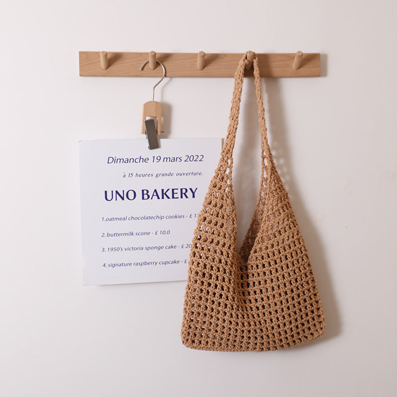 Hollow Out Cutout Cotton Thread Woven Bag Summer Simple Shoulder Straw Bag Vacation Beach Bag Women Bag One Size Cotton Thread Big Handle Plaid Coffee inside