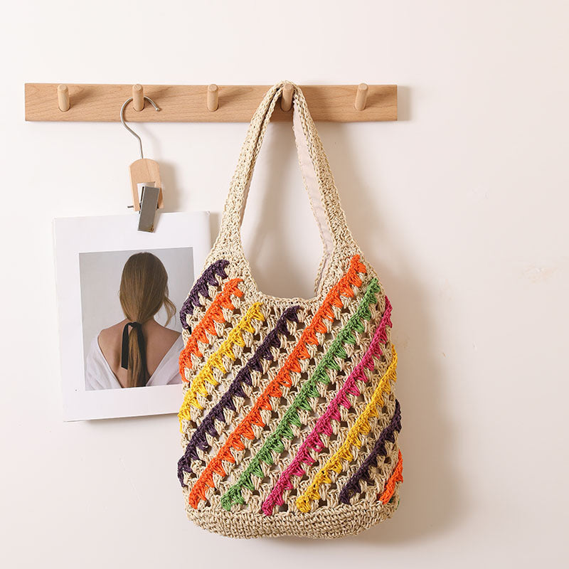 Colorful Striped Shoulder Straw Bag Hollow Out Cutout Woven Bag Vacation Beach Bag Casual Women Bag One Size Rainbow Striped Rice