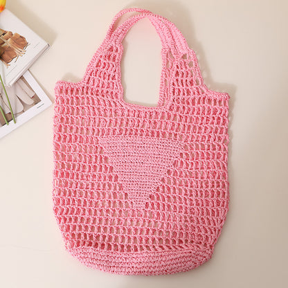 Large Capacity Hollow Out Cutout Straw Bag Fresh Candy Color One Shoulder Tote Woven Bag Portable Women Beach Bag One Size Pink