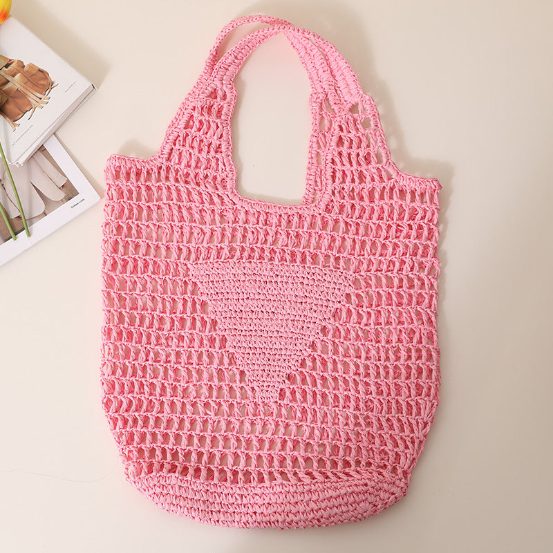 Large Capacity Hollow Out Cutout Straw Bag Fresh Candy Color One Shoulder Tote Woven Bag Portable Women Beach Bag One Size Pink