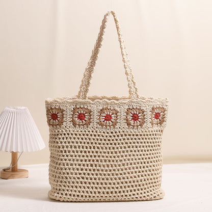 Single Shoulder Cotton Thread Woven Bag Floral Cutout Straw Bag Seaside Vacation Beach Bag One Size Cream