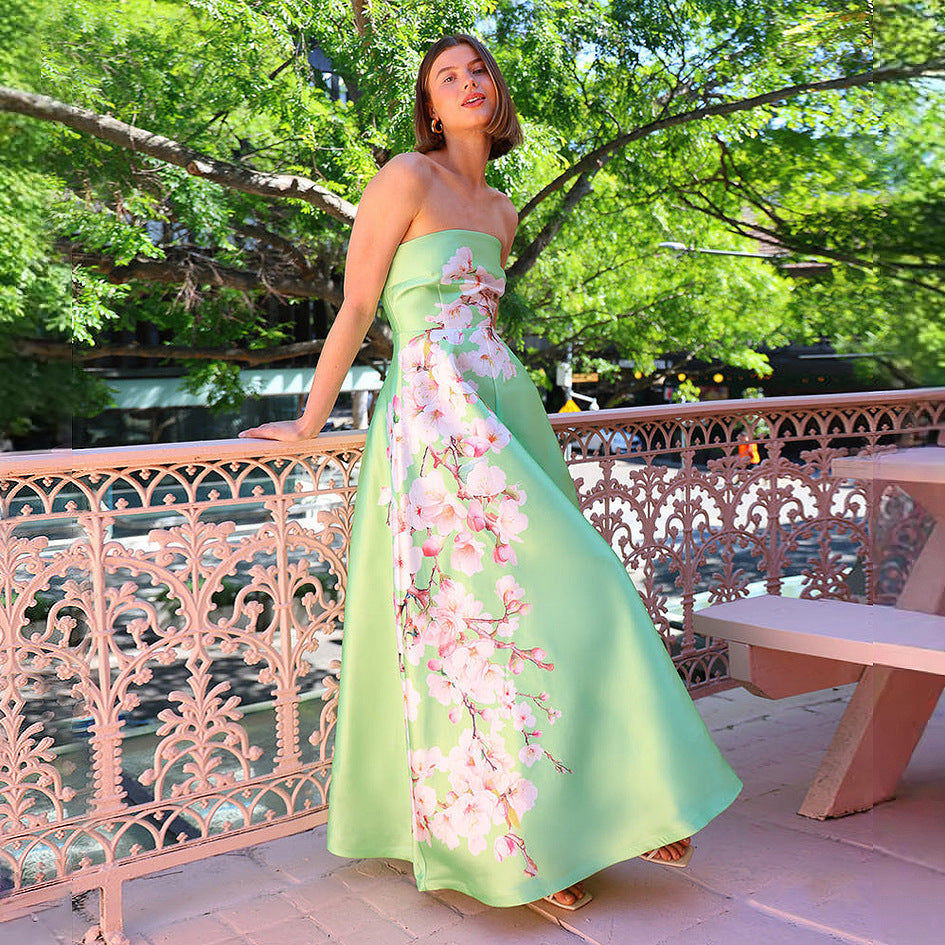 Satin Evening Dress - Strapless High Waist Floral Print Tube Top Dress Green White