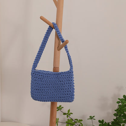 All Match Shoulder Cotton Thread Woven Bag Fresh Square Underarm Bag Straw Bag Solid Color Office Handbag Women One Size Cotton Thread Shoulder Blue