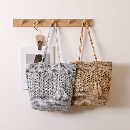 Large Capacity Hollow Out Cutout out Straw Bag All Matching Tassel Woven Bag Women Vacation Beach Bag Casual Shoulder Bag