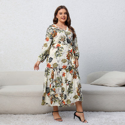Plus Size Spring Dress Printed V neck Long Sleeve Floral Dress Loose Swing Dress