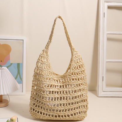 French Large Capacity Shoulder Straw Bag Hollow Out Cutout Tote Portable Straw Bag Woven Bag Seaside Vacation Beach Bag One Size Cream