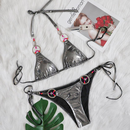 Bikini Silver Split Swimsuit Sexy Handmade Woven Crystal Diamond Swimsuit Silver