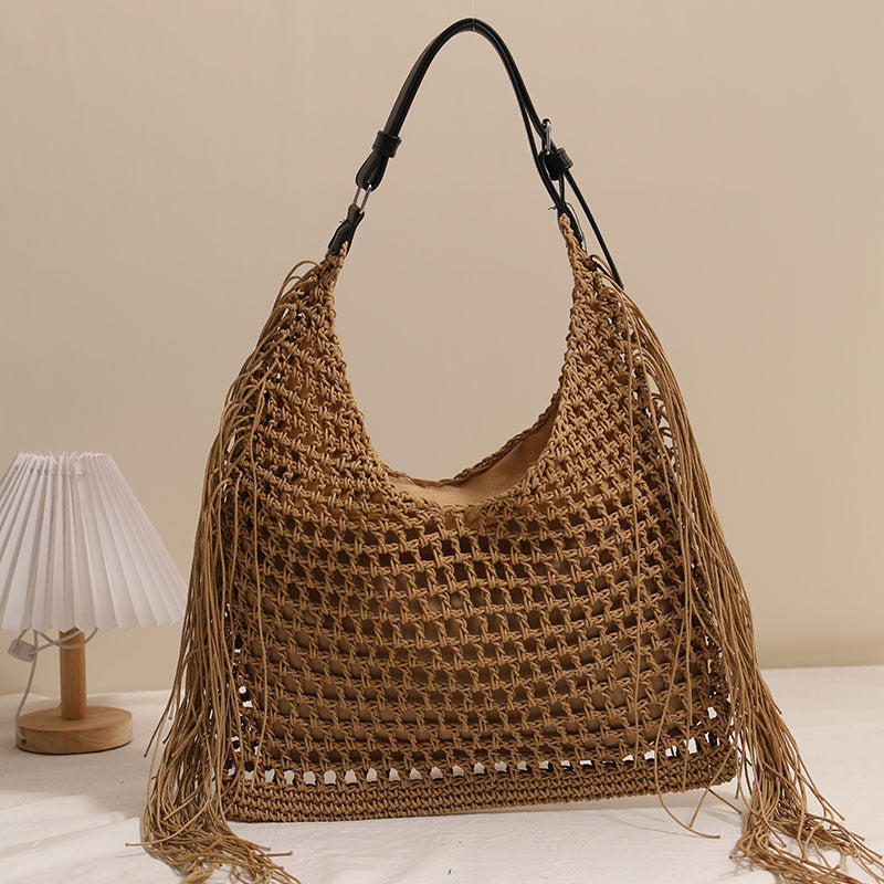Tassel Shoulder Straw Bag Hollow Out Cutout Woven Bag Seaside Vacation Beach Bag Large Capacity Straw Bag One Size Belt Hollow Tassel Coffee