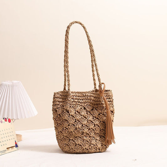 Tassel Shoulder Straw Bag Fan Hollow Out Cutout Pattern Woven Bag Women Vacation Beach Bag Women Bag