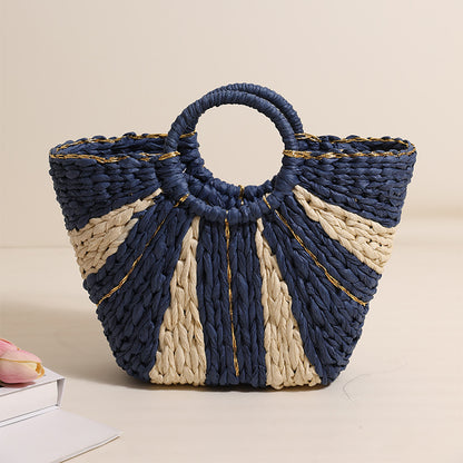 Golden Silk Thread Portable Straw Weaved Bag Large Capacity Tote Vegetable Basket Bag Vacation Beach Bag Hand Carrying Woven Bag One Size Blue Rice