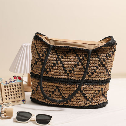 Retro Rhombus Shoulder Straw Bag Straw Bag Woven Bag Vacation Beach Women Bag