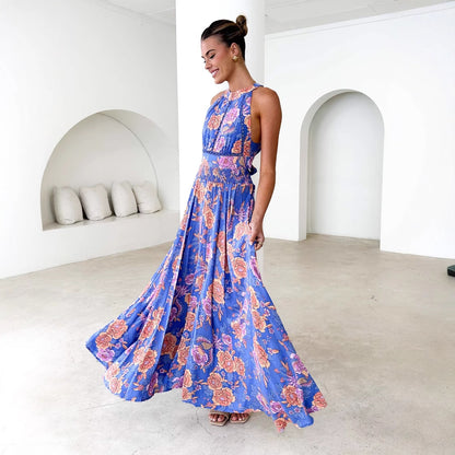 Printed Halter Beach Bohemian High Waist Backless Floral Dress Women Clothing