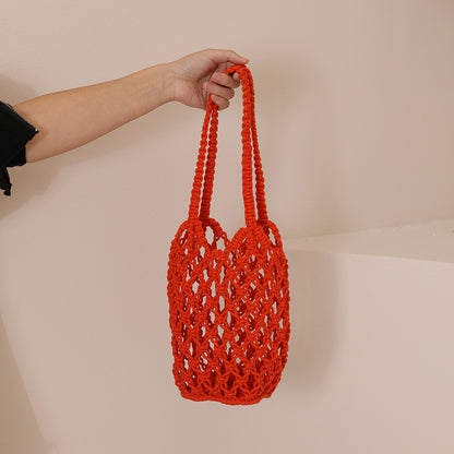 Hollow Out Cutout Cotton Thread Woven Bag Shoulder Handmade Straw Bag Fishing Net Bag Seaside Vacation Beach Bag Women Bag One Size Orange