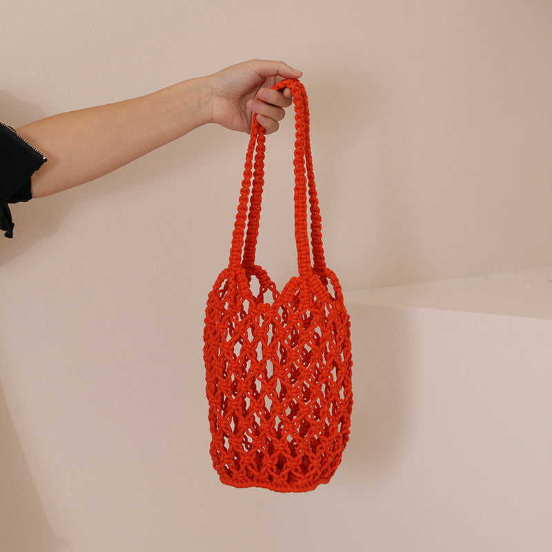 Hollow Out Cutout Cotton Thread Woven Bag Shoulder Handmade Straw Bag Fishing Net Bag Seaside Vacation Beach Bag Women Bag One Size Orange