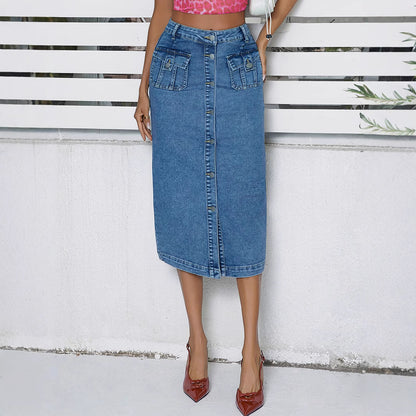 Multi Breasted Mid Length Hip Skirt Women Stretch Denim Pencil Skirt