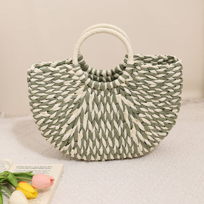 Niche Semicircle Portable Straw Weaved Bag Retro Color Hand Carrying Straw Bag Woven Bag Women Seaside Vacation Beach Bag One Size Green