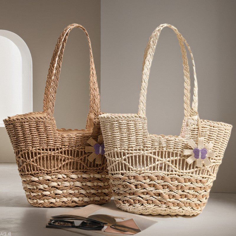 One Shoulder Hollow Out Cutout out Straw Bag Floral Contrast Color Woven Bag Vacation Beach Bag Women Bag