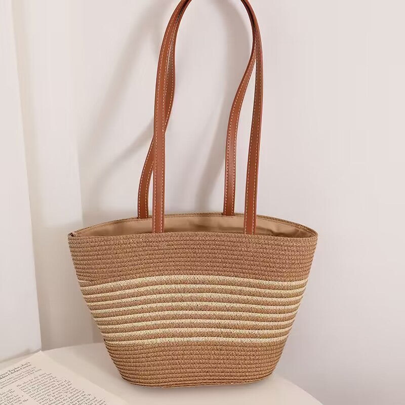 Striped Shoulder Straw Bag Woven Bag Summer Large Capacity Casual All Match Women Seaside Beach Rattan Woven Bag One Size Belt Beige Stripe Small Size