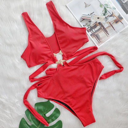Bikini Sexy Deep V Plunge neck Metal Strap Women Swimsuit High Waist Bathing Suit Red