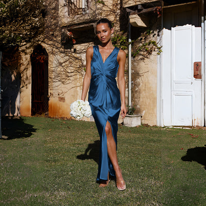 Spring Women V Neck Sleeveless Sexy Solid Color Sheath Dress Blue