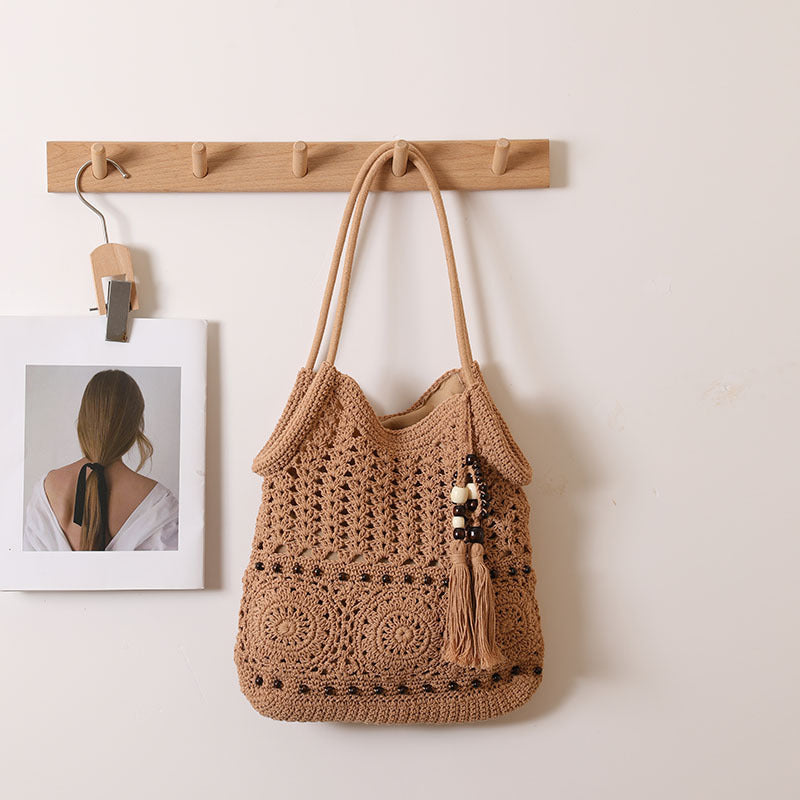 Wooden Bead Tassel Shoulder Cotton Thread Woven Bag Hollow Out Cutout Straw Bag Vacation Beach Bag Women Bag One Size Cotton Thread Sanyuan Coffee