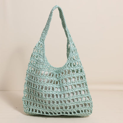 French Large Capacity Shoulder Straw Bag Hollow Out Cutout Tote Portable Straw Bag Woven Bag Seaside Vacation Beach Bag One Size Blue