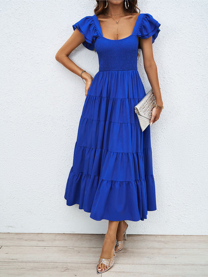 Square Collar Printing Pleated Ruffle Sleeve Elegant Bohemian Printing Dress Solid blue