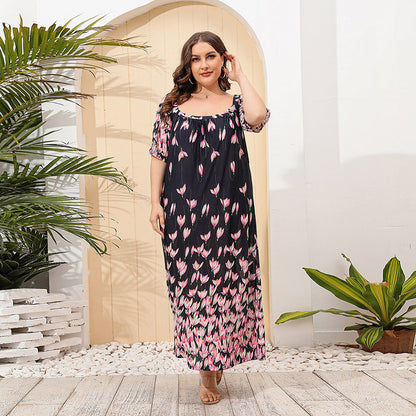 Plus Size Women Loose Home Wear Short Sleeve Dress Floral Print Maxi Dress Dark Blue Pink Floral