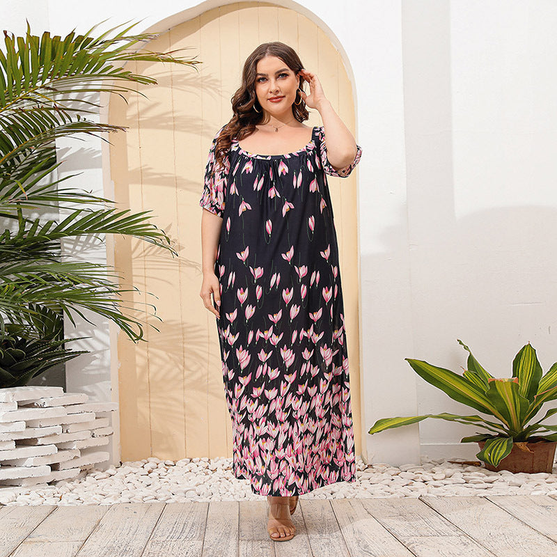Plus Size Women Loose Home Wear Short Sleeve Dress Floral Print Maxi Dress Dark Blue Pink Floral