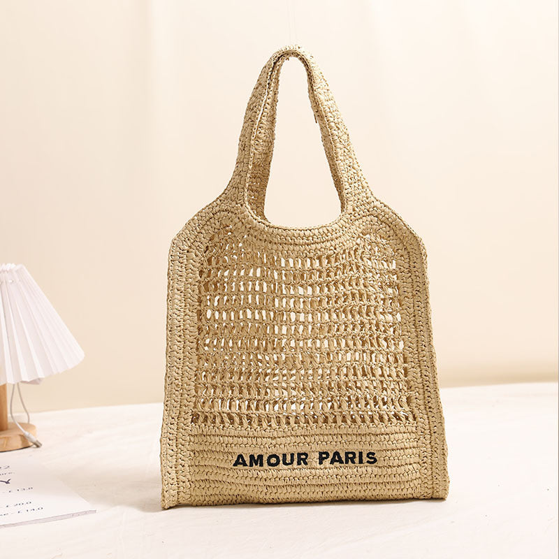 Summer Straw Woven Bag With Lace Up Pattern Suitable For Women Beach Vacation Beach Bag