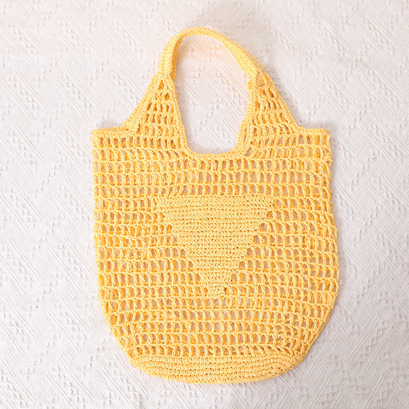 Large Capacity Hollow Out Cutout Straw Bag Fresh Candy Color One Shoulder Tote Woven Bag Portable Women Beach Bag One Size Yellow