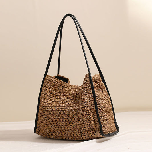 French Large Capacity Straw Bag Niche Solid Color Straw Bag Woven Bag Women Vacation Beach Bag Shoulder Bag