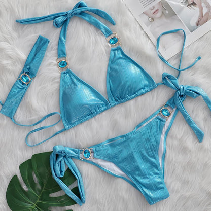 Sexy Bikini Crystal Diamond Three Piece Split Swimsuit Beach Shiny Women Swimsuit Turquoise