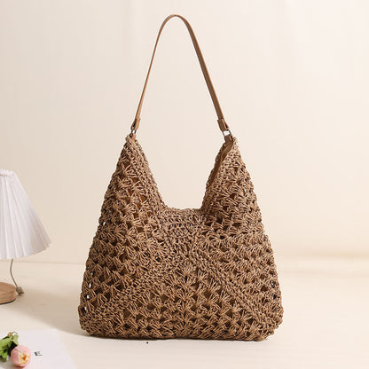 Casual Hollow Out Cutout Shoulder Straw Bag Triangle Large Capacity Straw Bag Woven Bag Vacation Beach Bag Women Bag One Size Shaped Grandma Plaid Pure Coffee