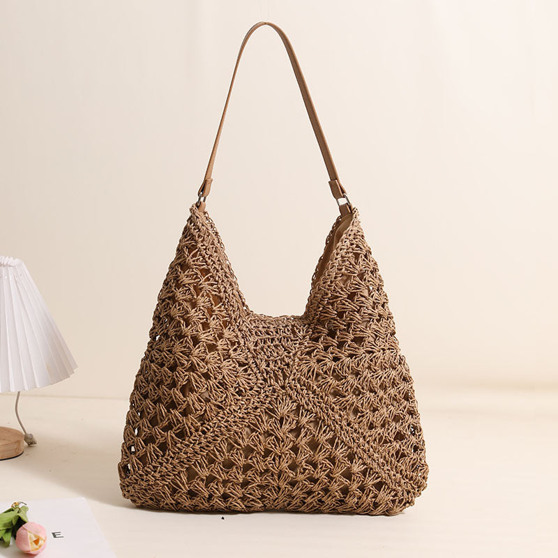 Casual Hollow Out Cutout Shoulder Straw Bag Triangle Large Capacity Straw Bag Woven Bag Vacation Beach Bag Women Bag One Size Shaped Grandma Plaid Pure Coffee