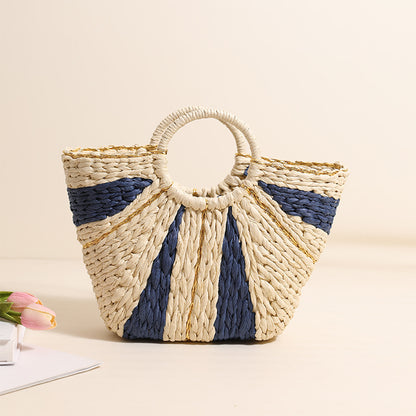 Golden Silk Thread Portable Straw Weaved Bag Large Capacity Tote Vegetable Basket Bag Vacation Beach Bag Hand Carrying Woven Bag One Size Beige Blue