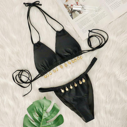 Two Piece Swimsuit Women Pink Bikini Swimsuit with Gem Embellished Black
